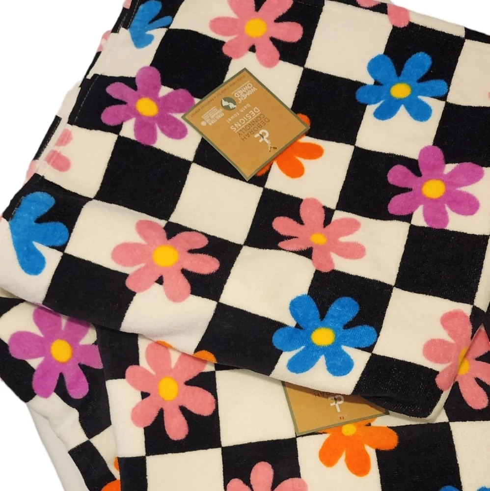 Deborah Connelly Black Pink Multicolored Floral (2) Bath Towels 100% Cotton